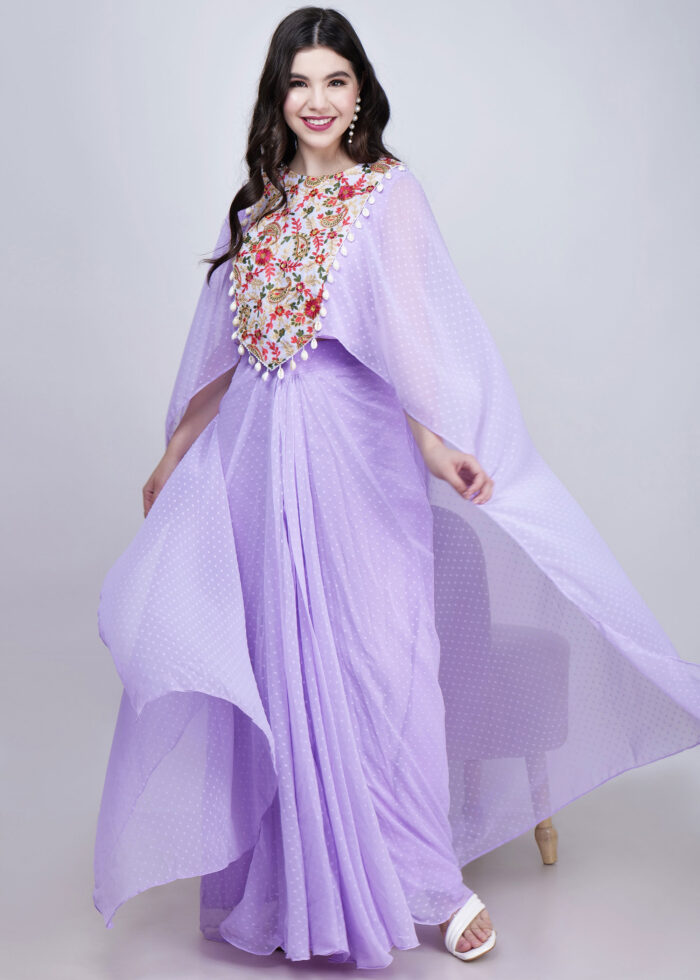 Aria short cape with stitched saree dress